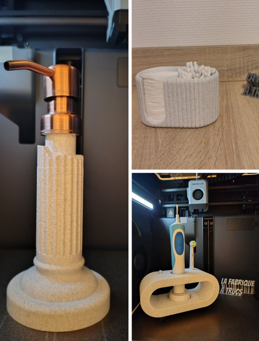 Pack de 3 accessoires de salle de bain Pack Sérénité imprimé en 3D blanc texturé : distributeur savon, pot cotons et pot brosses à dents.